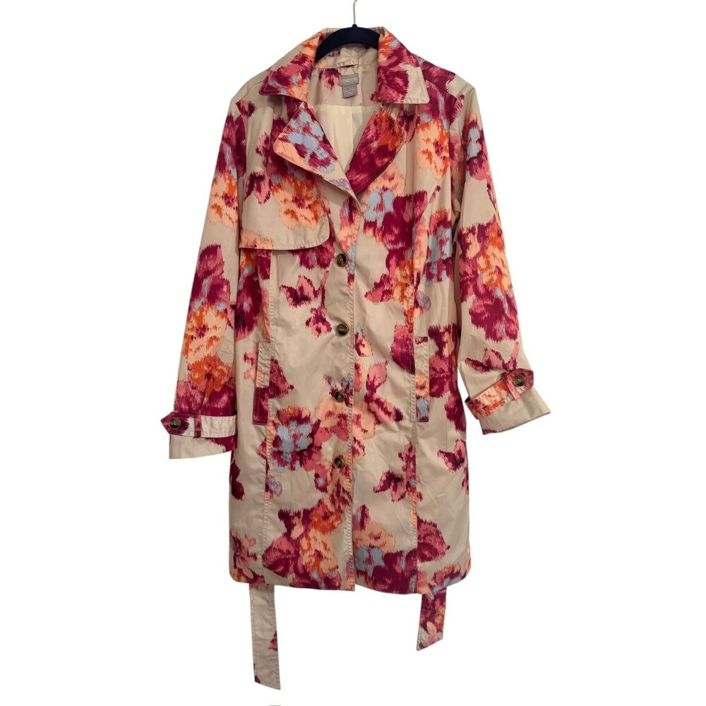 Chicos Trench Coat Womens 1 MEDIUM Floral Pockets Detachable Hoodie Button Front - Picture 5 of 13